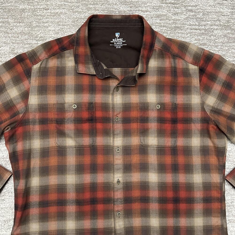 Kuhl Shirt Mens XL Brown Red Plaid Long Sleeve The Law Flannel Hiking Outdoor - Picture 2 of 16